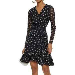 Ganni Black Tilden Mesh Floral Long Sleeve Self Tie Wrap Mini Dress Size 2